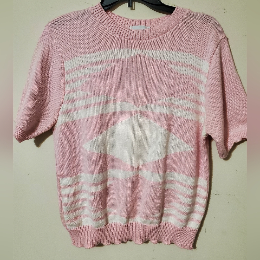 Vintage Pink & White Geometric Print Preppy Short Sleeve Sweater Argyle Retro M